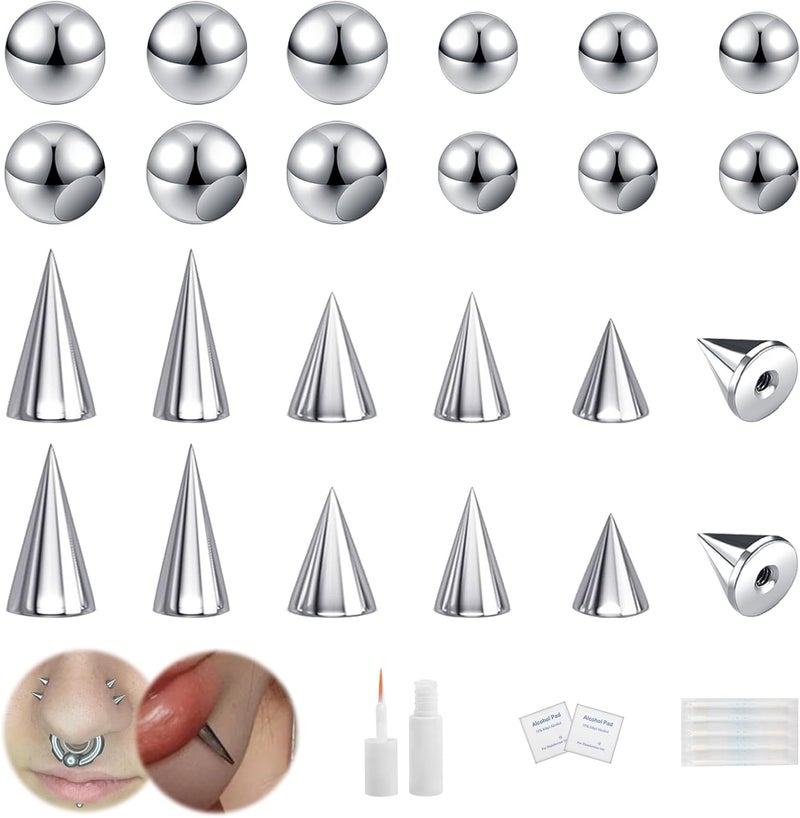 BodyAce 24Pcs Fake Nose Lip Labret Studs Eyebrow Rings, 3mm 4mm Replacement Balls Long Spike Cone with Eyelash Glue, Non-Piercing Body Jewelry Fake Skin Piercing - Image 1